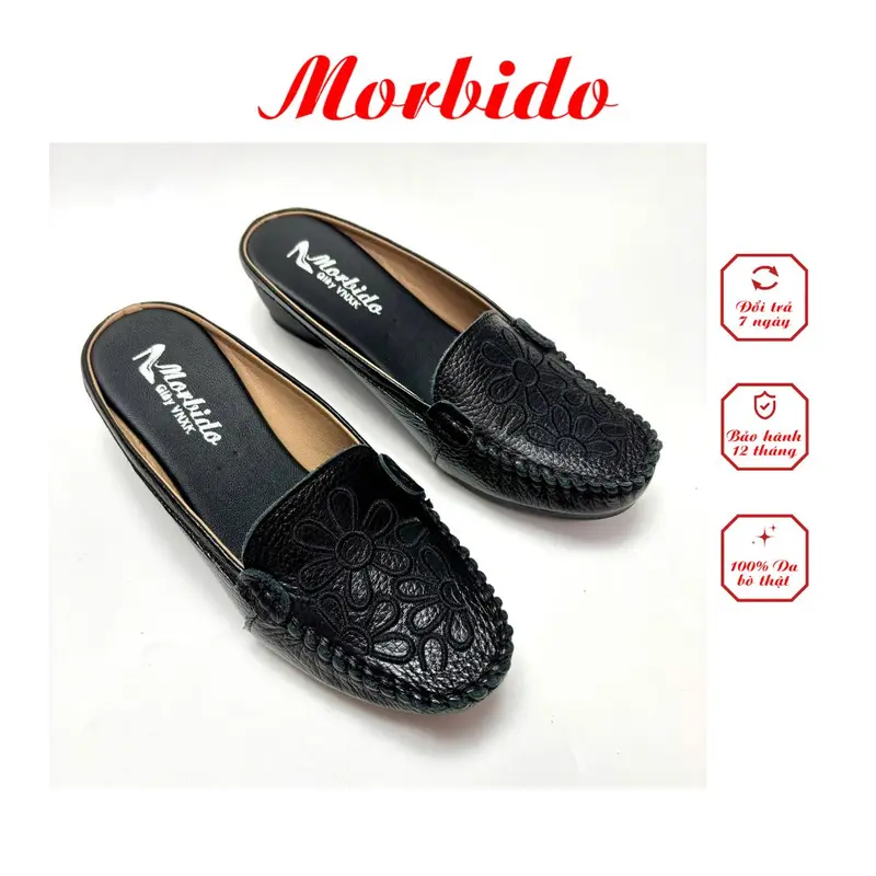 Giày Sục Nữ Thêu Hoa - Dép Sục  Da Bò Thật Đế Xuồng 4cm Morbido M509 2