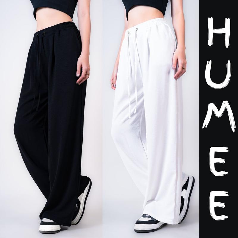 HUMEE BTQ Quần Suôn Trơn Vải Đũi Nhăn Phối Cạp Có Dây Rút Quần Suông Nữ Quần Ống Rộng QS18 Ong Women Pants Trắng