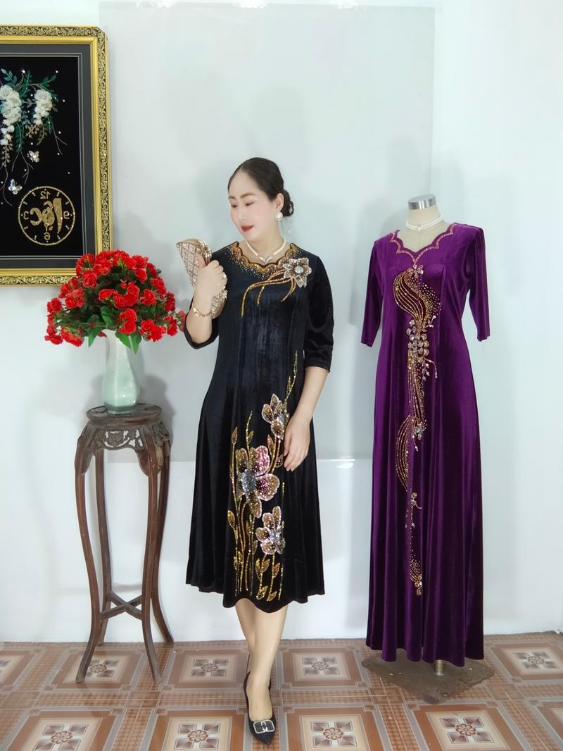 Product Introduction of ĐẦM NHUNG TRUNG NIÊN ĐÍNH ĐÁ KIM SA  #VH059 ,SANG CHẢNH QUÝ PHÁI TẶNG BÀ, TẶNG ME YÊU Nữ Women Dress Kim Tuyến Xanh Rêu 4