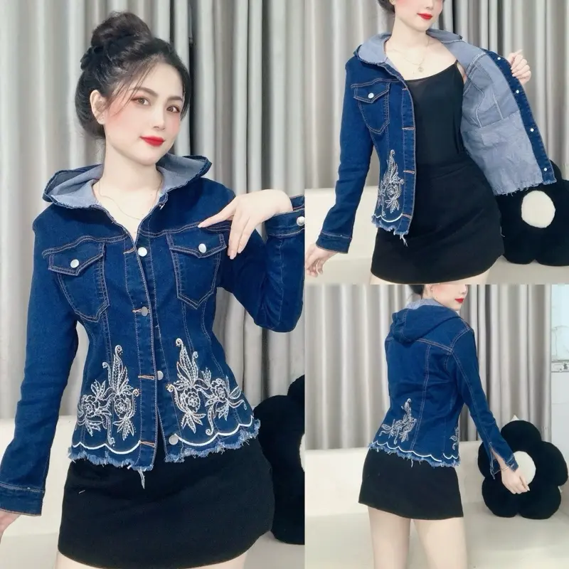 Áo khoác jean THÊU HOA ĐÍNH ĐÁ CÓ NÓN vạt gợn sóng SIZE TO nữ có túi trong - Jean Cao Cấp Co Giãn ( Jacket Women Top )   Jackets & Coats Nút