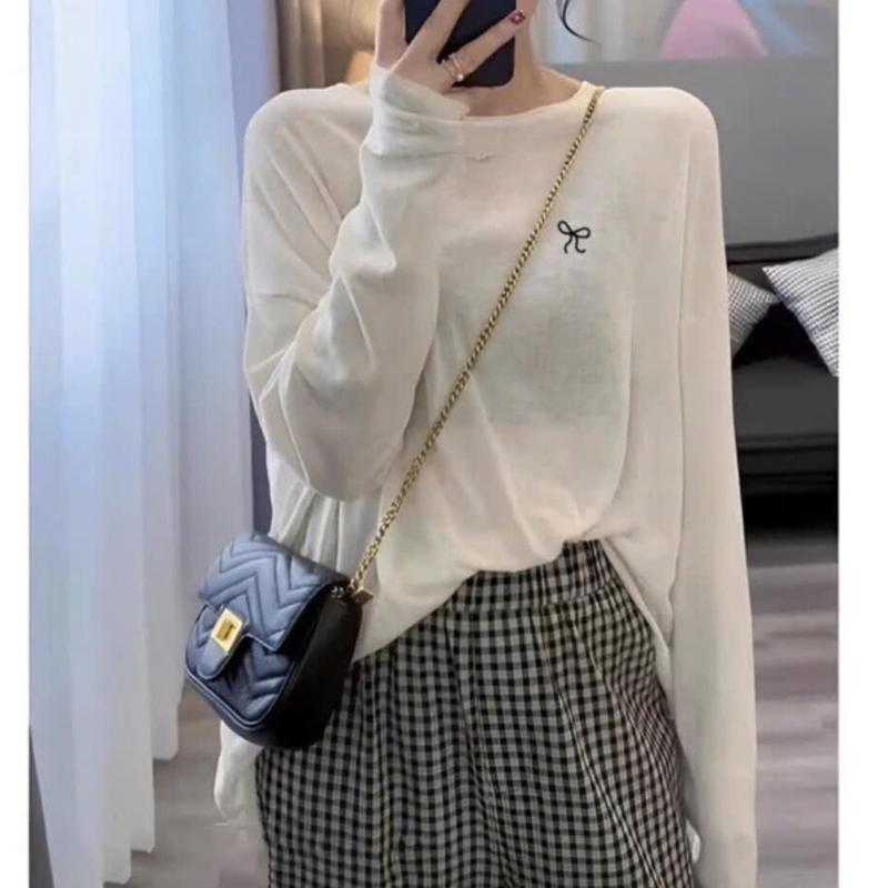 Áo dài tay thêu nơ chất thun giấy màu trắng peonyb - Sweater mỏng kiểu dáng suông form rộng oversize bigsize bánh bèo tiểu thư hotgirl phong cách hàn quốc đẹp