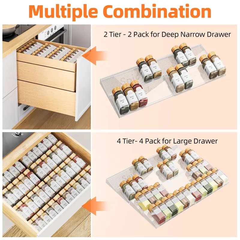 Expandable Acrylic Spice Drawer Organizer, 2 Sets 4 Tier Clear Kitchen Seasoning Rack, Kitchen Storage Organizer for Home Dining Room 4