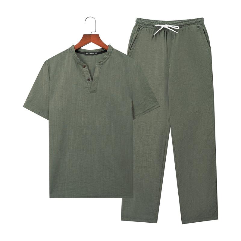 SIZE 45-112KG Quần Áo Đũi Nam Cổ V Tay Ngắn Quần Dài Vải Đũi Mềm Mịn Mát Nhẹ Thấm Hút Mồ Hôi Tốt Đen Xám Tím Than Be Rêu Áo Menswear Tim