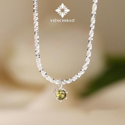 Huy K Viễn Chí Bảo - Dây chuyền bạc nữ twinkle vòng cổ nữ dây xù mix đá tròn oliu xanh chất liệu bạc S925 phụ kiện trang sức nữ - MD31