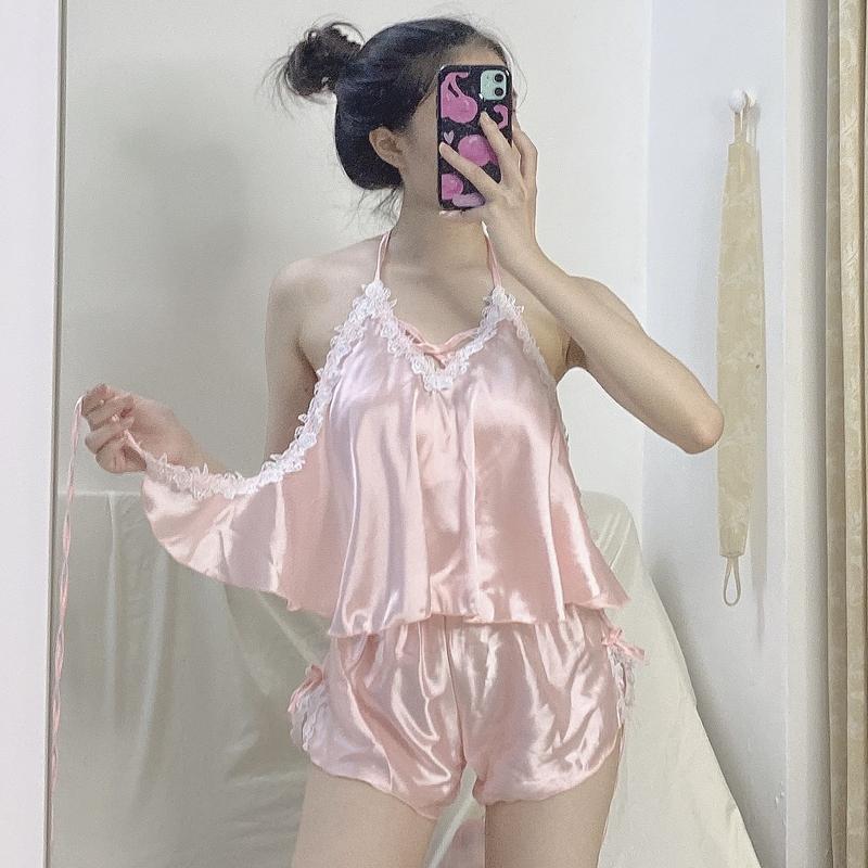 Mộc Shop - Set đồ ngủ 2 dây áo yếm phối ren vải phi Lụa mát lạnh Freesize 40-60kg Áo Ngủ Nữ Women Top phong cách Hàn Quốc sexy gợi cảm