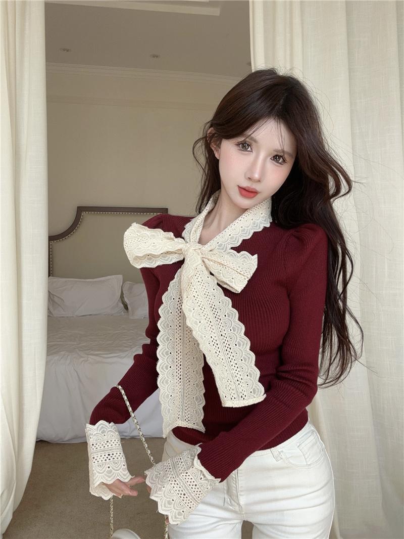 Product Introduction of Áo Len Dệt Kim, Phong Cách Cổ Điển Giáng Sinh, Thiết Kế Thắt Nơ Dành Cho Nữ, Thích Hợp Cho Mùa Thu Và Mùa Đông, Có Lớp Nền Ren, Có Thể Mặc Bên Trong, Áo Tay Phồng Áo Màu Đỏ Giáng Sinh 4