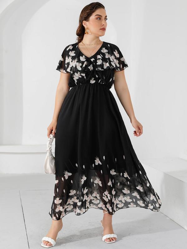 Plus Floral Print Ruffle Hem Flounce Sleeve Chiffon Long Dress, Summer Clothes Women, Casual V Neck Short Sleeve A Line Dress for Summer, Women's Clothes, Plus Size Women's Dresses 6