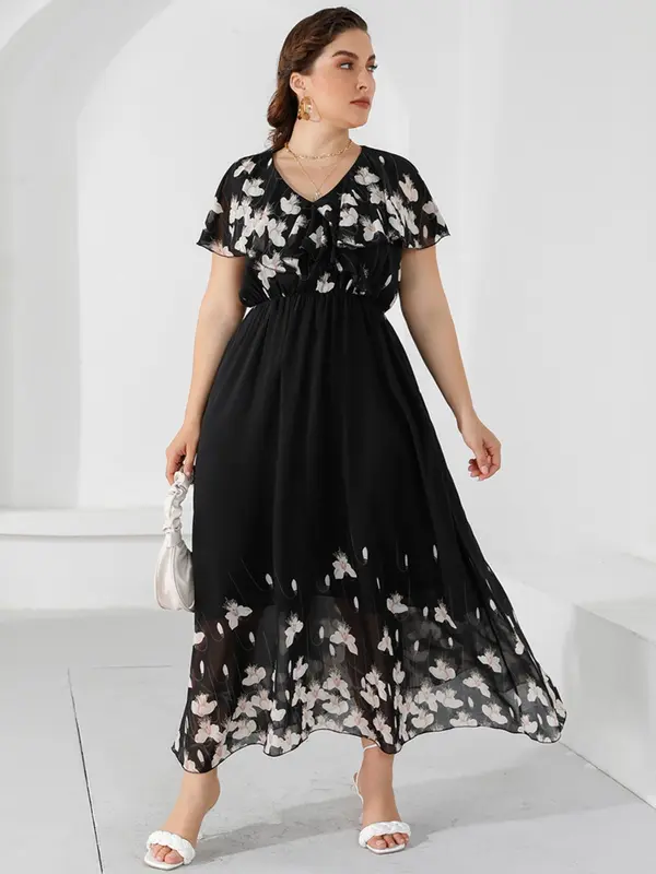 Plus Floral Print Ruffle Hem Flounce Sleeve Chiffon Long Dress, Summer Clothes Women, Casual V Neck Short Sleeve A Line Dress for Summer, Women's Clothes, Plus Size Women's Dresses 6