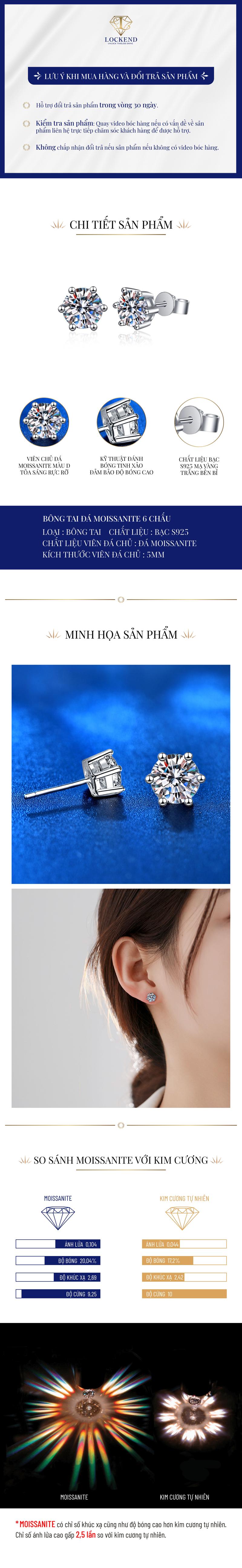 Product Introduction of Bông tai 6 chấu bạc 925 đính đá Moissanite 0,5 carat*2 màu D có chứng chỉ GRA sang trọng thanh lịch LZED 8