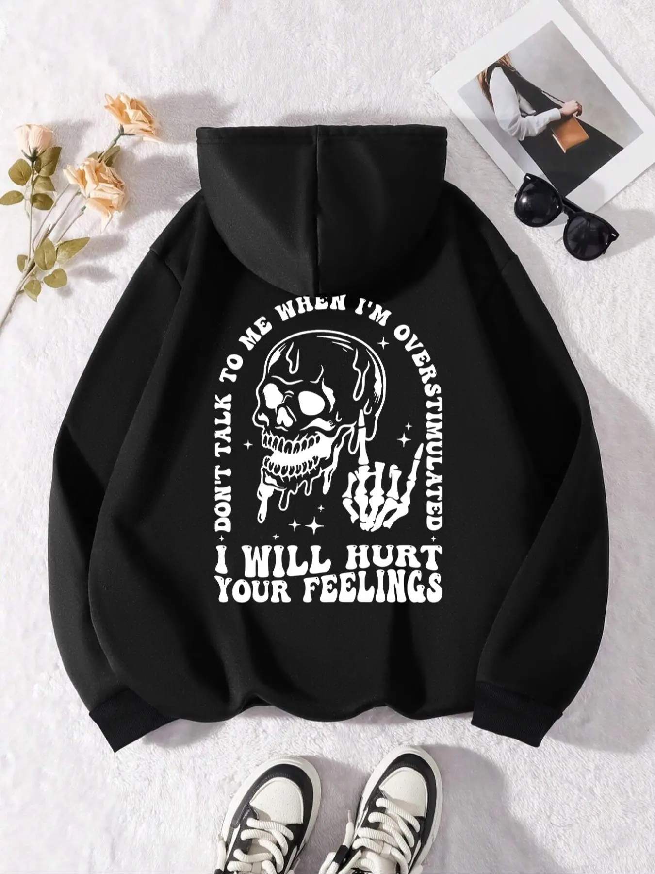 Women's Skull & Letter Print Drop Shoulder Thermal Lined Hoodie, Fashion Casual Drawstring Pocket Hooded Sweatshirt for Daily Holiday Outdoor Wear, Women Clothing for Fall & Winter