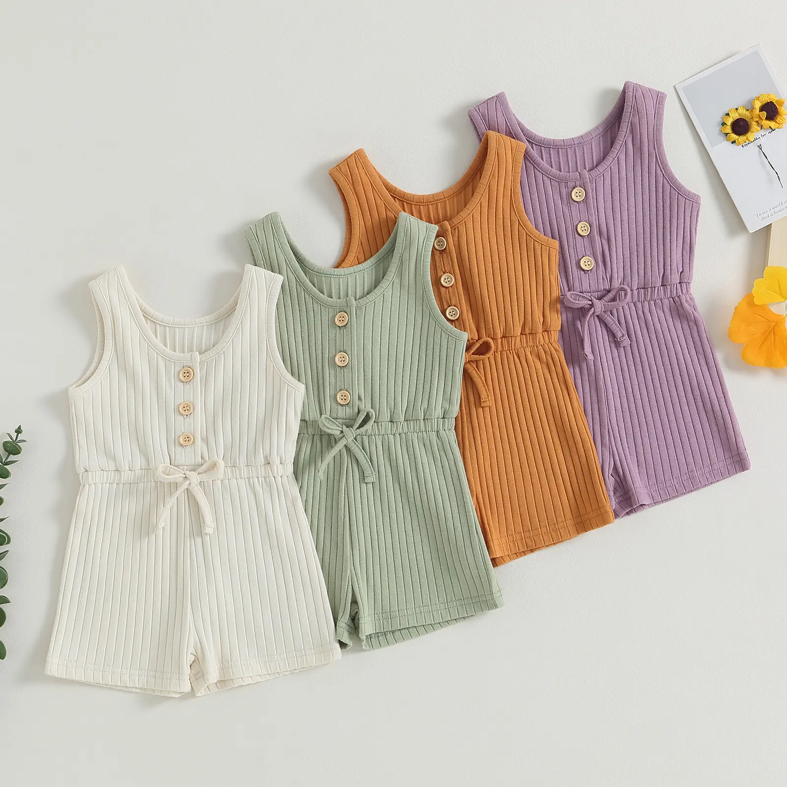 Baby Girl Sleeveless Ribbed Romper Solid Color Summer Jumpsuit Overall Shorts for Newborn Toddler Clothes，Age: 6-12 Months，1-4 Years