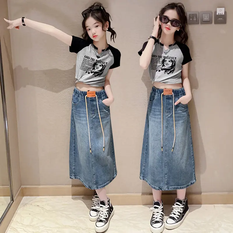 Bộ Đồ Váy Denim Cho Bé Gái, Phong Cách Phương Tây, Quần Áo Mùa Hè Cho Trẻ Em, Cỡ Trung Bình Và Trẻ Em, Váy Denim, Áo Phông Bé Gái Mùa Thu, Váy Xẻ Tà, Hàng Mới Về