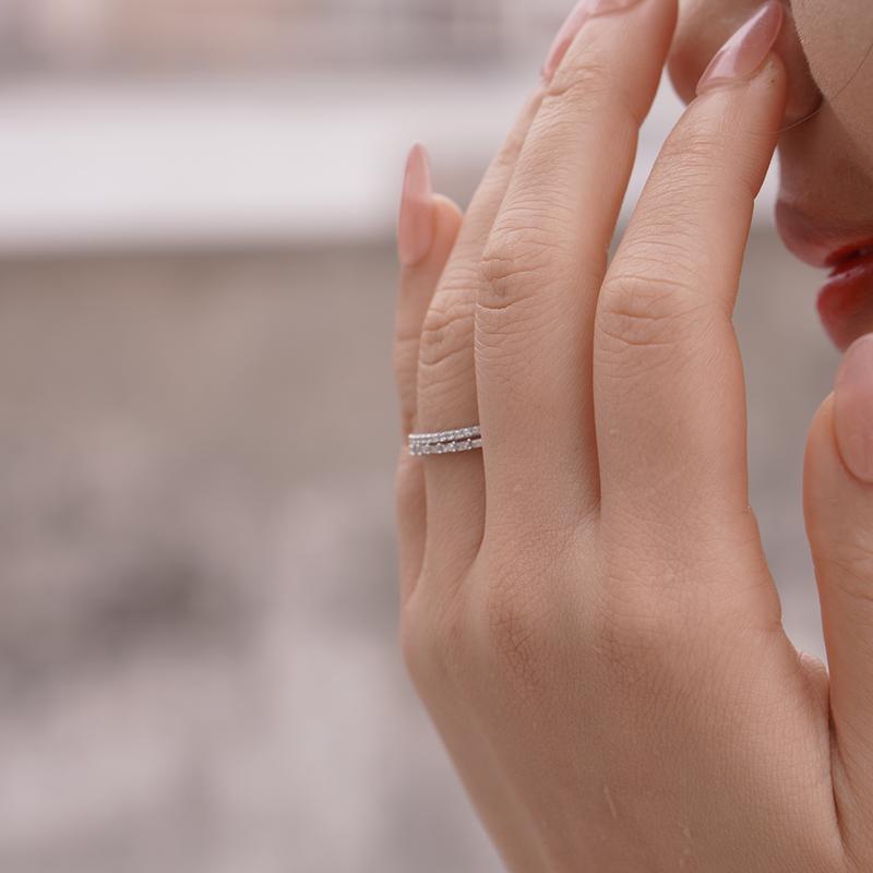 Nhẫn Eternity bạc mạ vàng 18K, đính hai hàng đá tấm, phong cách nhẹ nhàng, tinh tế - Size lựa chọn - Bemiie Silver 9