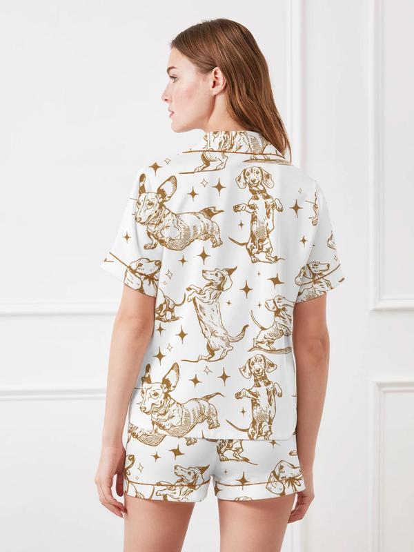 Women's All Over Dog Print Pyjama Two-piece Set, Casual Comfy Short Sleeve Shirt & Shorts PJ Set, Ladies Summer Sleepwear, Loungewear 5