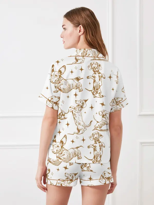 Women's All Over Dog Print Pyjama Two-piece Set, Casual Comfy Short Sleeve Shirt & Shorts PJ Set, Ladies Summer Sleepwear, Loungewear 5