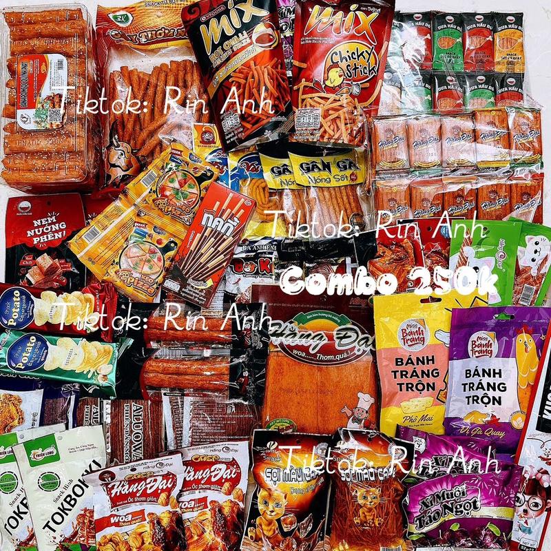 Combo 175 gói đồ ăn vặt tuổi thơ 60 sườn dê Hằng Đại + 60 đùi bò quay + 33 gói snack ngẫu nhiên + 10 ômai + 4 gói kẹo dẻo + 2 bim mix Thái + 2 bánh tráng + 1 đuôi bò + 1 bò miếng + 1 bò quẩy + 1 hộp Ticky