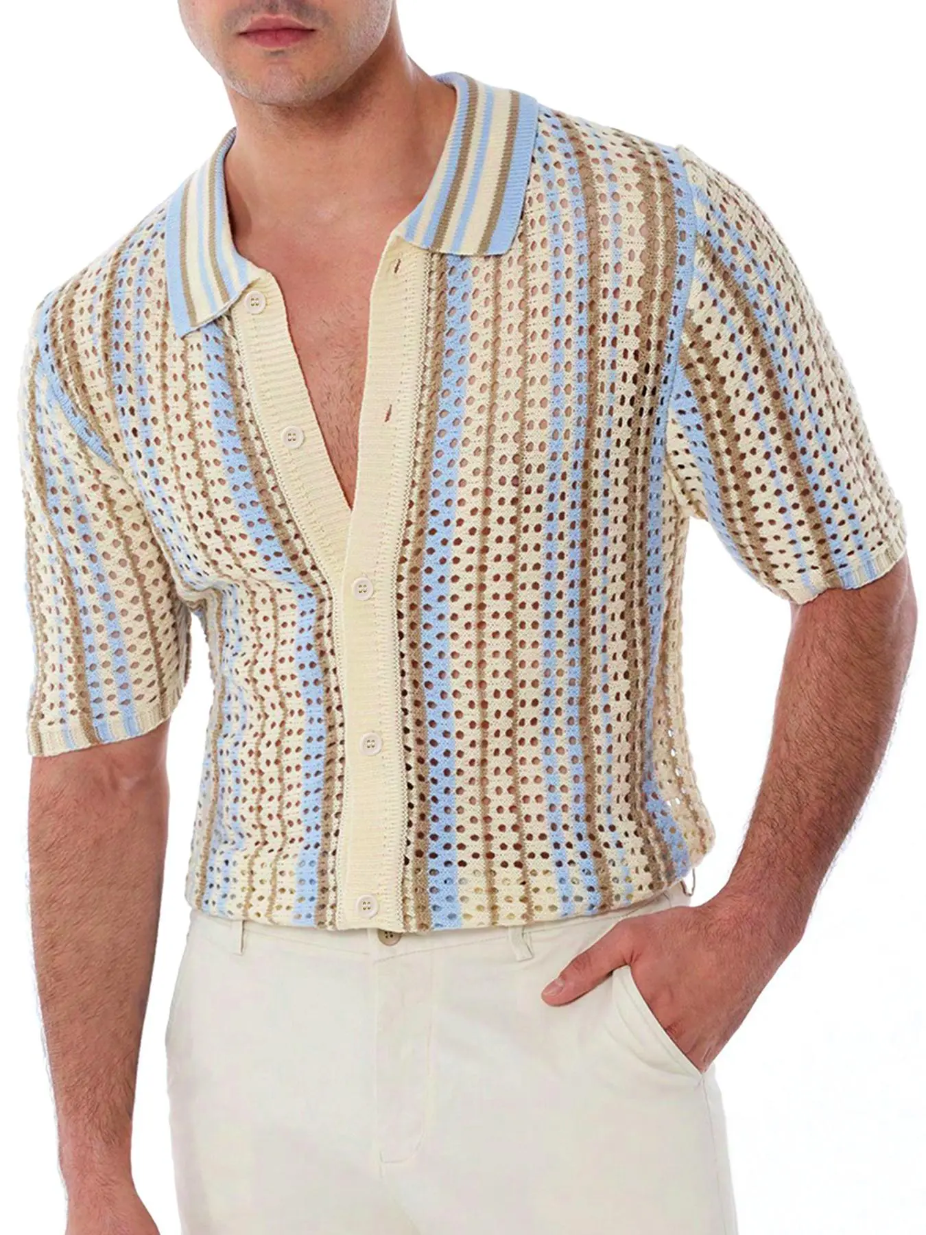 Men's Colorblock Collared Cardigan, Regular Fit Casual Short Sleeve Button Front Knitwear for Summer, Fashion Men's Knit Clothing for Daily Wear