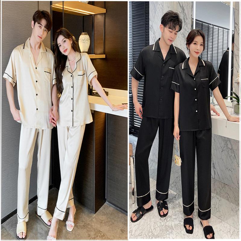 [40-83kg]Combo 2 Bộ Pijama Nam Nữ Cao Cấp Chất Liệu Lụa Satin Mềm Mịn Thoáng Mát, Bộ Đồ Ngủ Mặc Nhà Áo Cộc Tay Quần Dài Thời Trang, Màu Trơn couple Men & women,Có Túi Quần và Túi Áo, Nhiều Màu Voi Kem Sơ Mi