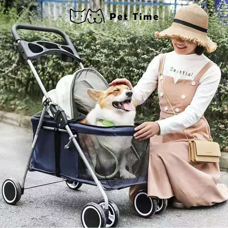 （Pet Time）Kitty Teddy outdoors Pet Stroller Foldable Dog Cat Carrier 4 Wheel Lightweight Trolley Foldable Pet Stroller