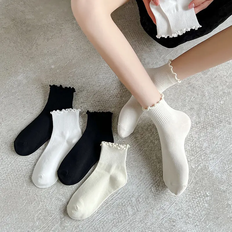 SS25 (Y2k) Tất Nữ Dễ Thương, Phong Cách Lolita Nhật Bản, Trắng, Đen, Gấp Cạnh, Jk Voi