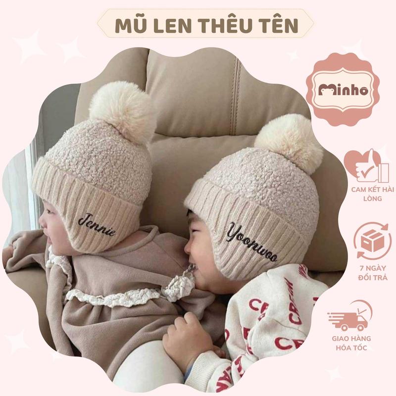 Mũ Len lông cừu THÊU TÊN cho bé 2 đến 8 tuổi nón cho bé mũ có bịt tai siêu ấm dệt kim dày dặn