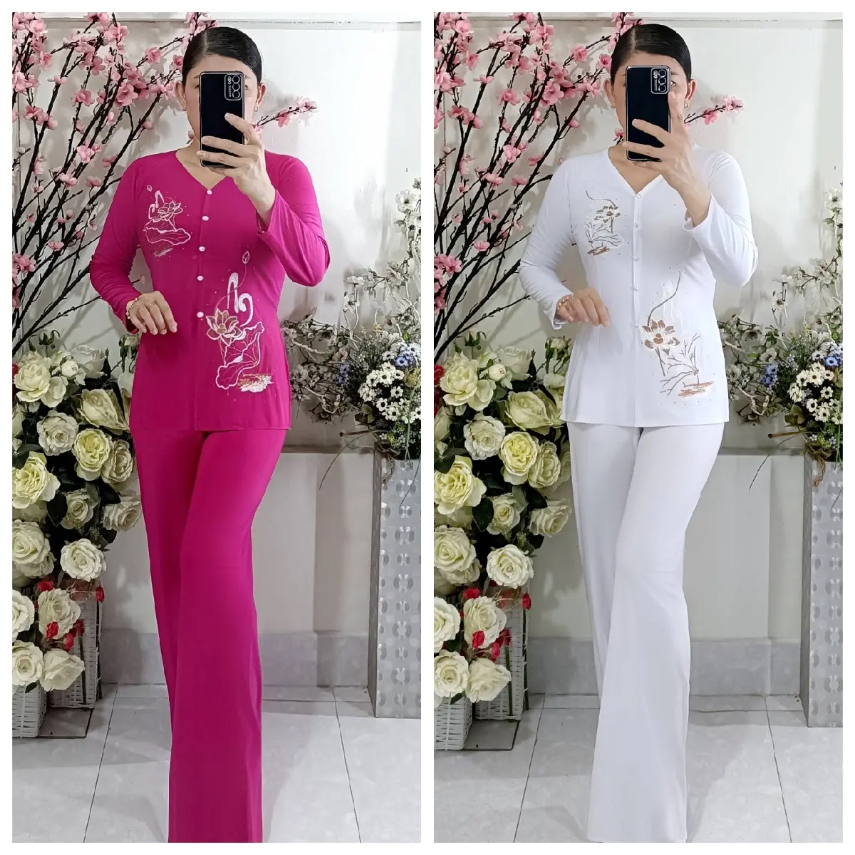 Bộ Bà Ba Thêu SenM Quần Ống Rộng