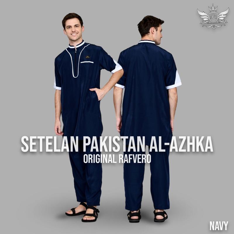 BAJU KOKO KURTA PAKISTAN BAHAN KATUN List Polka Dot Muslim  Pendek Pria Setelan Dewasa Navy baju koko pria Toyobo 5
