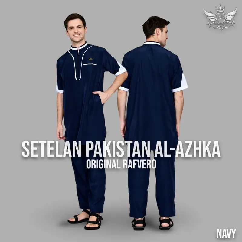 Rafvero BAJU KOKO KURTA PAKISTAN AL-AZHKA BAHAN BEESHWAY List Polka Dot Muslim Pendek Pria Setelan Dewasa Navy Putih Size M L XL Terlaris Terbaru - Panjang 4