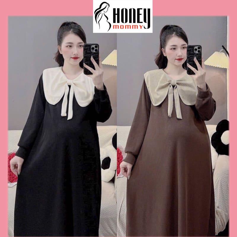 Đầm Bầu Váy Bầu Thu Đông Cổ Nơ Bản To Dài Tay Chất Nỉ Tăm Ấm Áp Dáng Xuông Xinh Xắn Trẻ Trung Mặc Nhà Đi Chơi HD4524 Honey Mommy Nữ Dress Váy Nữ Women Dress