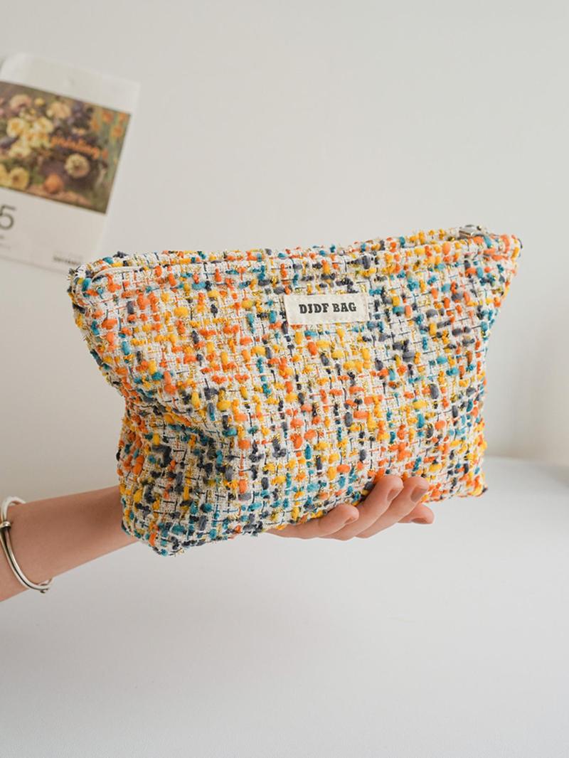 Product Introduction of Fashionable Tweed Decor Makeup Bag, Large Capacity Cosmetic Storage Bag, Portable Toiletry Bag for Women & Girls, Casual Trendy Versatile High-quality Daily Bag 0