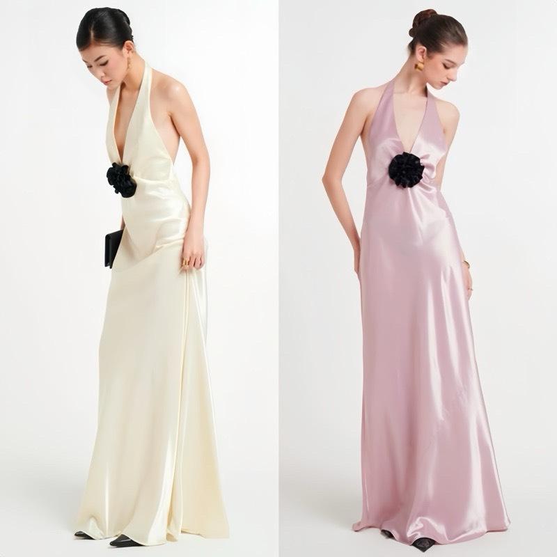 Đầm Lụa Hai Dây Hở Lưng Dáng Dài Sang Chảnh Có Mút - Dạ Hội Cổ Tim Sunflower Dress Nữ Women