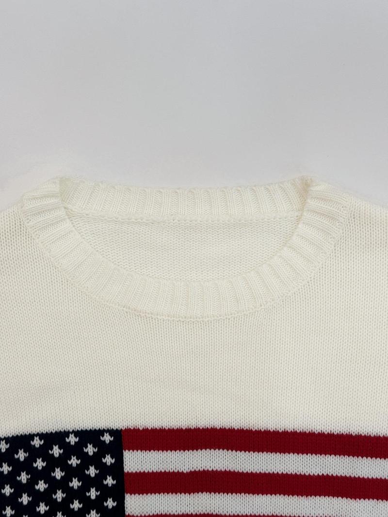 Product Introduction of 【Plus Size】 American Flag Print Drop Shoulder Sweater, Casual Long Sleeve Round Neck Jumper for Fall & Winter, Women's Clothing for Daily Wear 9