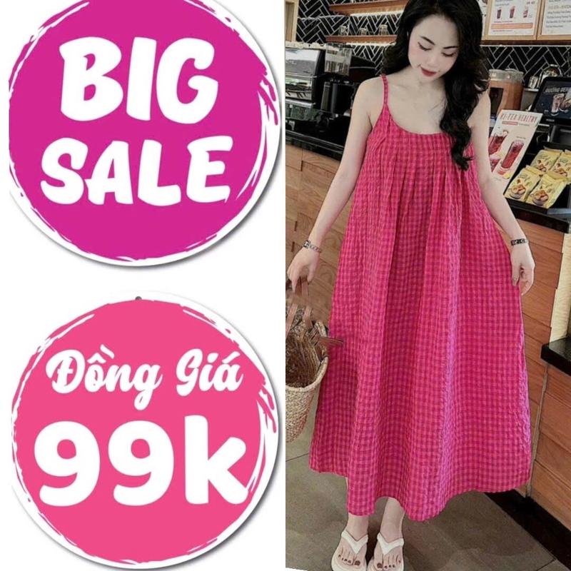 Sale 99K Đầm 2 Dây caro xếp ly đang suông dài maxxi caro nữ