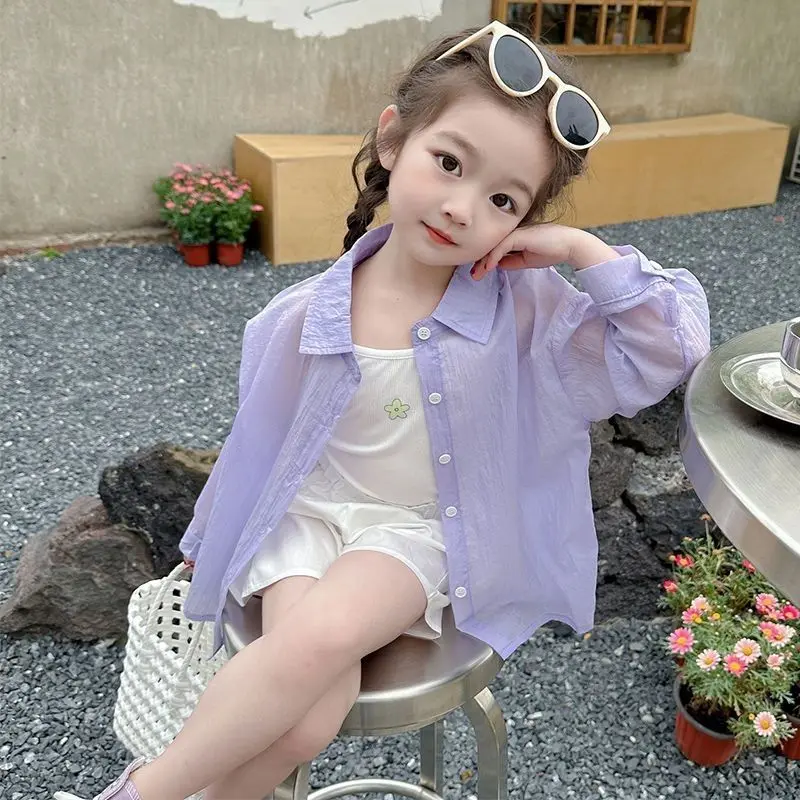 Áo Sơ Mi Bé Gái, Phong Cách Mới Mùa Hè 2024, Dành Cho Trẻ Em, Lụa Lạnh Mỏng, Thoáng Khí, Chống Nắng, Thích Hợp Cho Bé Gái, Siêu Nhẹ