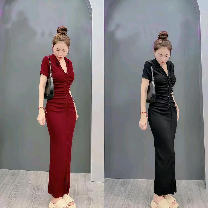 Đầm body nhún eo cổ trụ tay ngắn dáng dài thân phối nút chất thun mềm mại co giãn thanh lịch Nữ Women Dress Màu Đỏ
