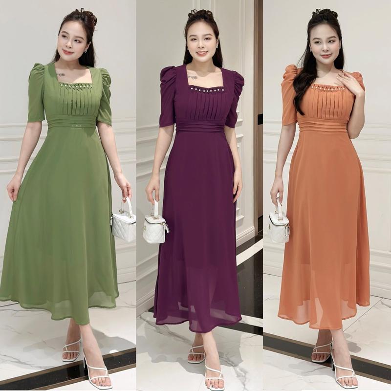 Đầm maxi form dài, xếp ly ngực và eo đính ngọc, tay phồng - GR0293 (Hình thật shop chụp) Nữ Dress