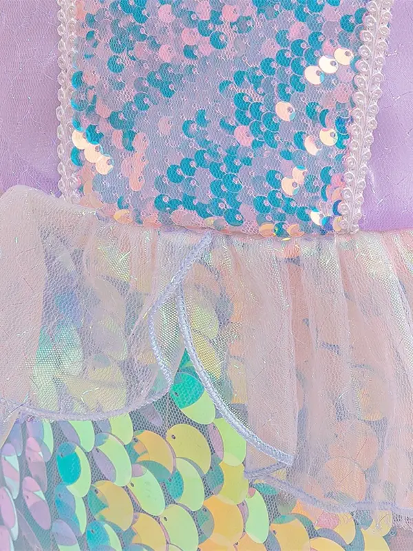 Christmas Gift Mermaid Costume for Girls, Contrast Sequin Zipper Back Butterfly Sleeve Tulle Dress, Girls Partywear for Birthday Party 6