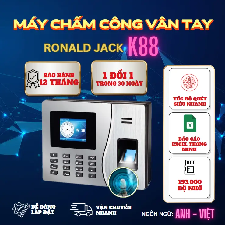 Máy chấm công vân tay & thẻ từ, password Ronal Jack K88 lấy dữ liệu qua mạng