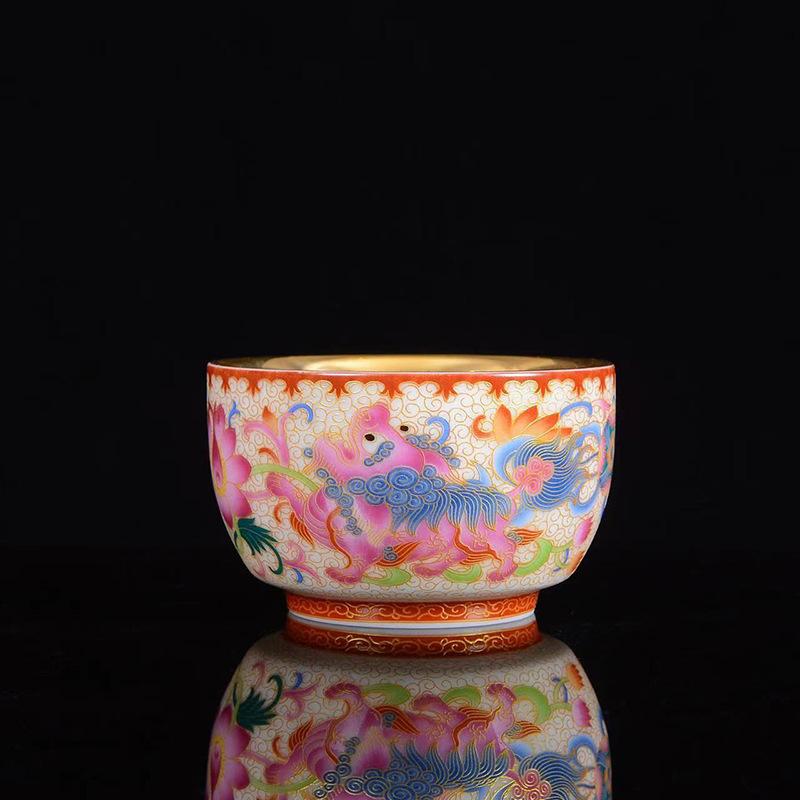 Product Introduction of 24K Gold Silk Dragon and Phoenix Jianzhan Master Cup Tea Cup White Jade Gilding Tea Cup Porcelain Kung Fu Tea Set Single Cup 16