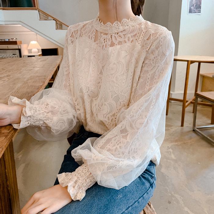 Áo Tay Bishop, Lót Ren Lưới, Áo Sơ Mi Ren Dáng Rộng, Áo Sơ Mi Lớp Nền, Có Thể Mặc Bên Trong Áo Cánh, Áo Sơ Mi Nữ Top Women Trắng 1