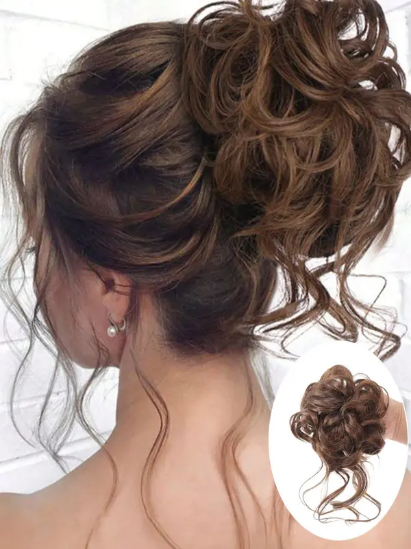 10 Inch Natural Black Short Curly Fluffy Hair Bun Extension for Women, Easy Grasping Clip Curly Synthetic Hairpiece for Daily Use Party, Wavy Wigs 2