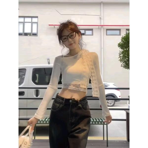  Áo thun Nữ,dáng croptop lệch vai phối ren nơ cổ tay dài Women Top A168  45_55kg  
