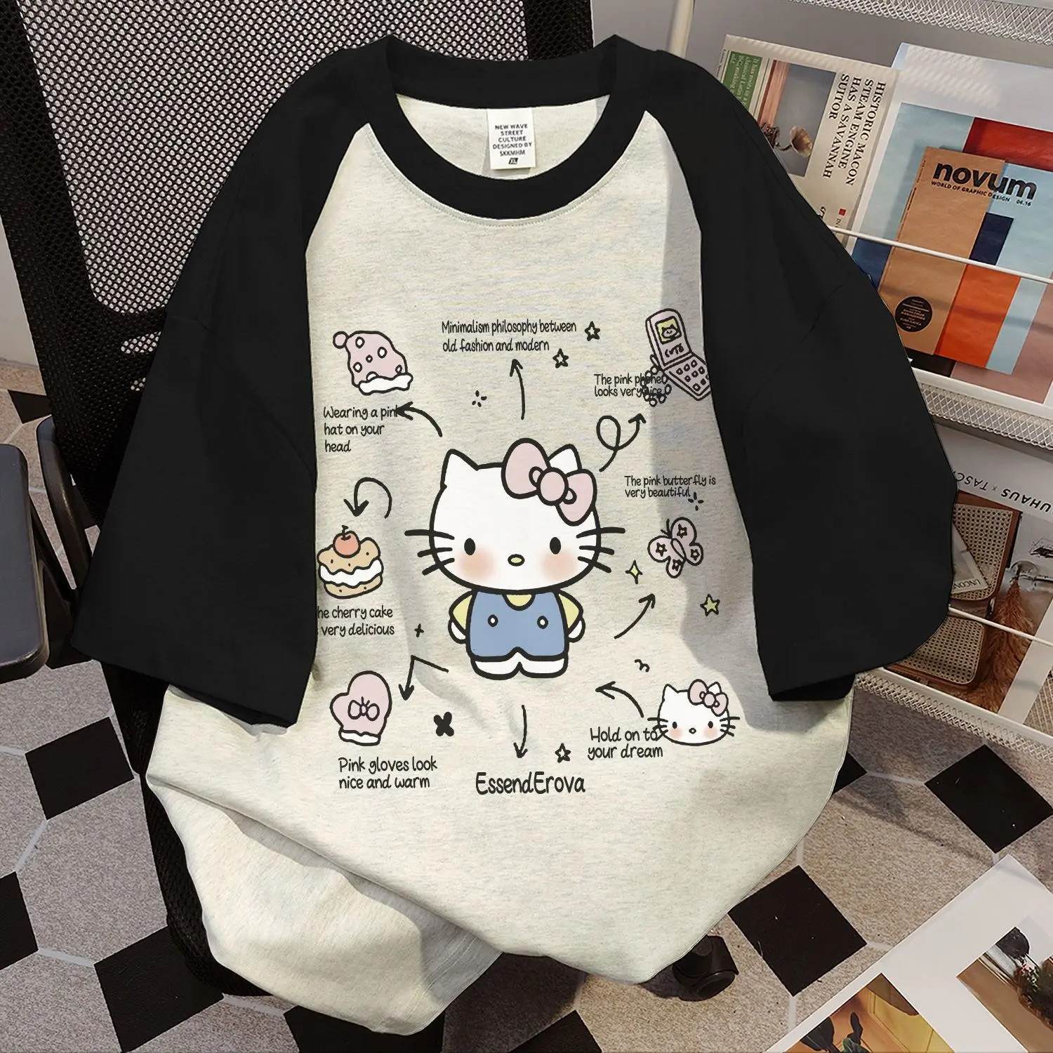 Áo Thun, Ngọt Ngào Và Ngầu, In Hình Hello Kitty, Dễ Phối Đồ, ngắn Tay, Dáng Rộng Và Phong Cách Lười Biếng, Áo Chắp Vá Màu Tương Phản, Dành Cho Nữ