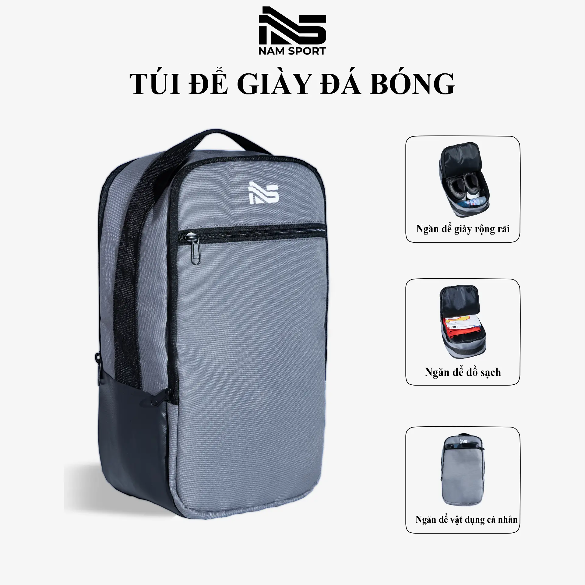 Túi Để giày Đá bóng Nam Sport Xám 3 Ngăn, Chất Liệu Vải Polyester D600 Chống Nước, Thích Hợp Dùng Để Chơi Thể Thao,  - Bag