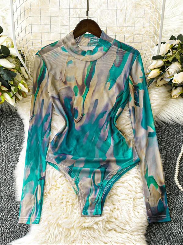 Women's Tie Dye Print Long Sleeve Bodysuit, Casual High Neck Bodysuit, Ladies Clothes for Spring & Fall 6