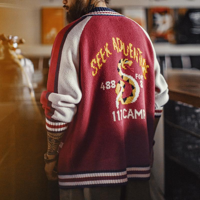  Áo Len Thêu Sukajan Cổ Điển MADEN Dành Cho Nam Áo Cardigan Bomber Dệt Kim Màu Đỏ Họa Tiết Rắn Vàng Áo Khoác Phong Cách Nhật Bản Áo Khoác Mùa Thu Thời Trang Thời Trang Đường Phố 