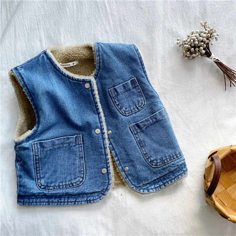 Áo Ghi Lê Len Hai Mặt Cho Bé Trai Và Bé Gái, Phong Cách Hàn Quốc, Denim, Lót Lông Cừu, Đệm， Voi