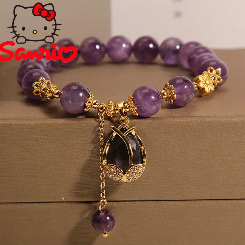 [Sanrio] Purple Crystal Bracelet for Women Summer Ins Niche Light Luxury Retro Lily Pendant Bracelet Gift for Girlfriend or Best Friend