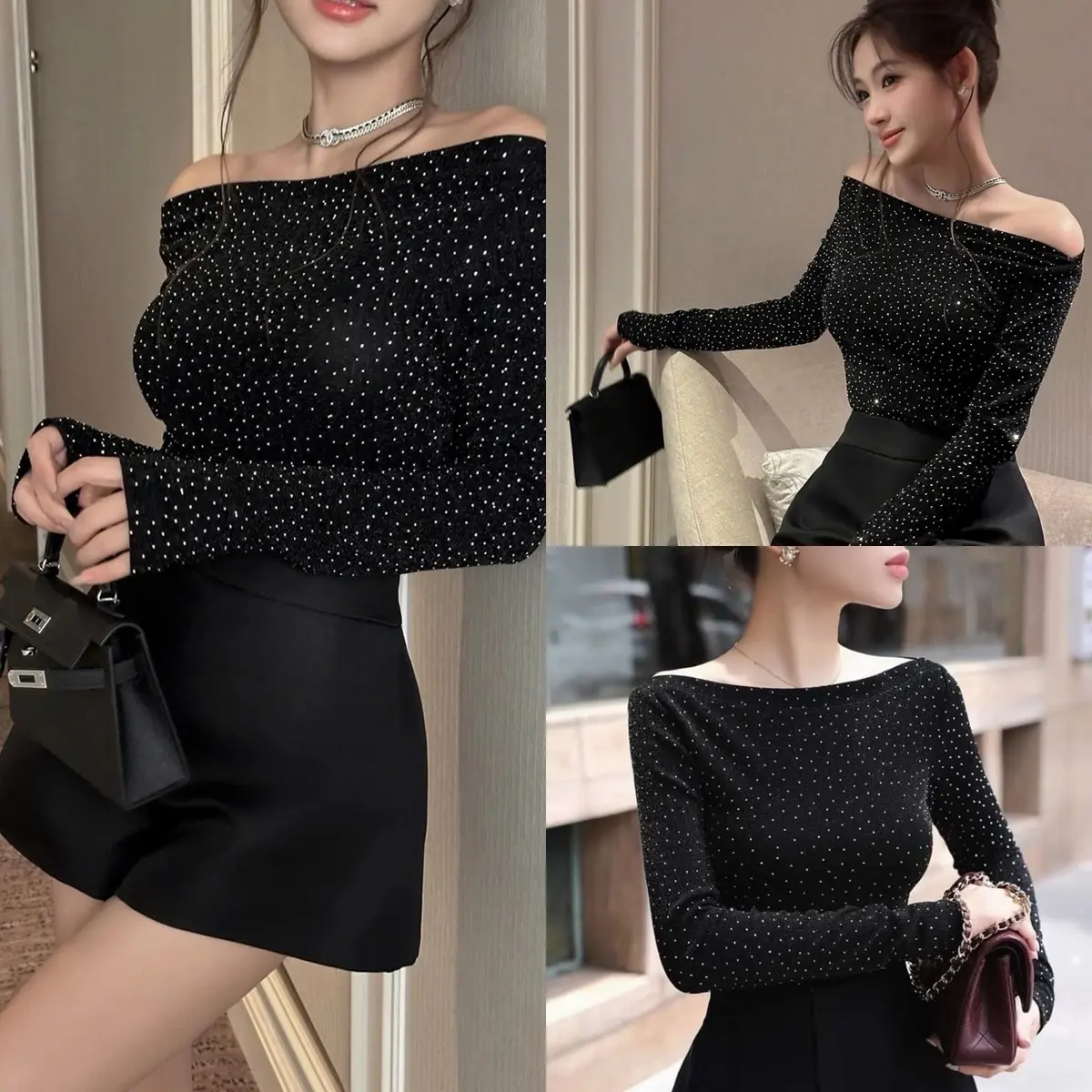 Áo thun nhũ bling bling cổ thuyền cho nữ - Women Top