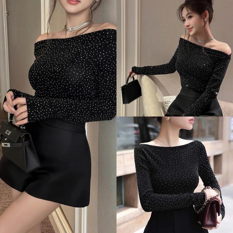  Áo thun nhũ bling bling cổ thuyền cho nữ - Women Top 
